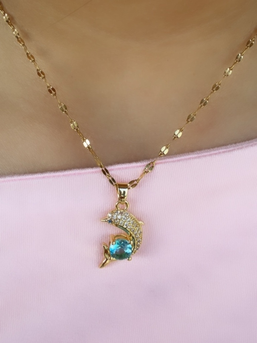 Gold Dolphin Pendant Necklace with Blue Crystal